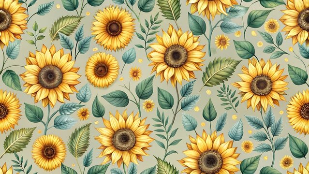 Cheerful seamless pattern of bright yellow sunflowers with green leaves on a textured light green background