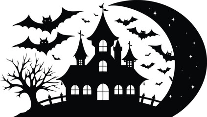 Vector art of halloween silhouette of a scary witch, a dead tree, and a jackolantern