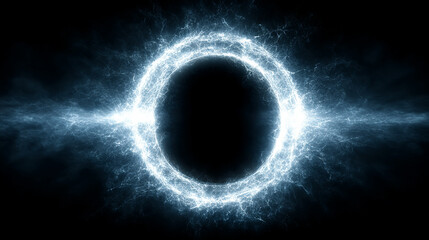 A glowing electric circle radiating energy on a deep black background symbolizing power light and advanced technology representing futuristic systems digital force and endless innovation