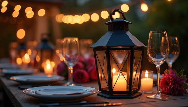 Elegant outdoor dinner table setting with lantern, candles, wine glasses. White plates, cutlery on wooden table. Pink flowers, string lights create warm ambiance. Romantic evening atmosphere in