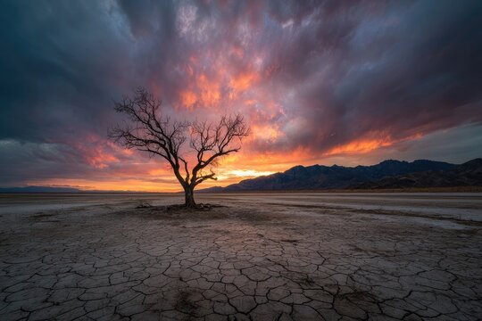 Barren tree silhouetted against a dramatic, colorful sunset over a cracked earth landscape
