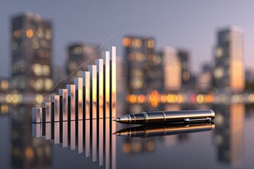 A pen lies near a bar chart with a rising trend line, reflecting a cityscape with bokeh