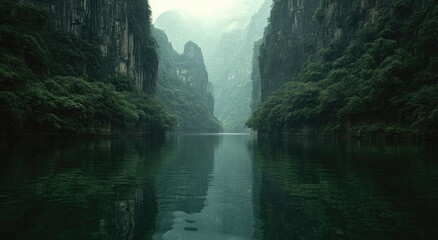 Serene, misty landscape depicts a calm river flowing through towering, verdant cliffs