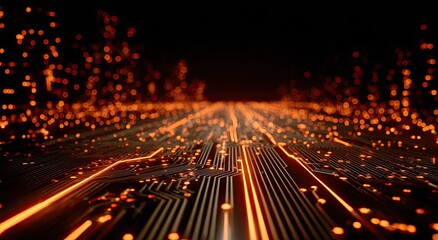 A close-up, futuristic view of a lit, integrated circuit board, orange glowing lines, black background