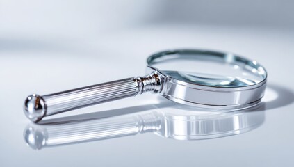 Close-up shot of a shiny, metallic magnifying glass on a sleek, light-reflective surface
