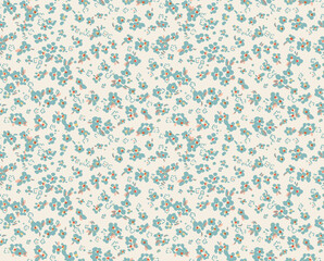 Ditsy floral seamless pattern in blue and peach on a cream background. Cute small meadow flowers. Delicate botanical illustration for spring fabric, wallpaper, or romantic textile design.