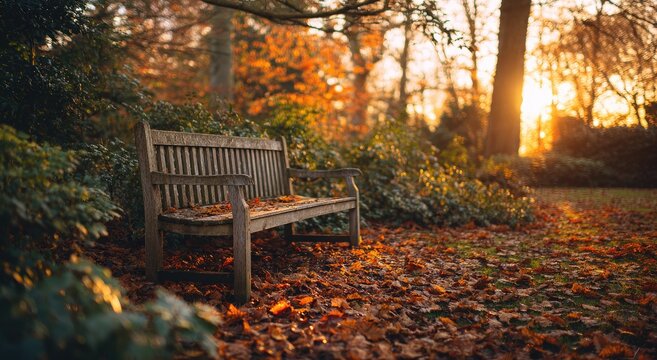 Wooden bench sits among fallen leaves and trees, bathed in golden light of a setting sun