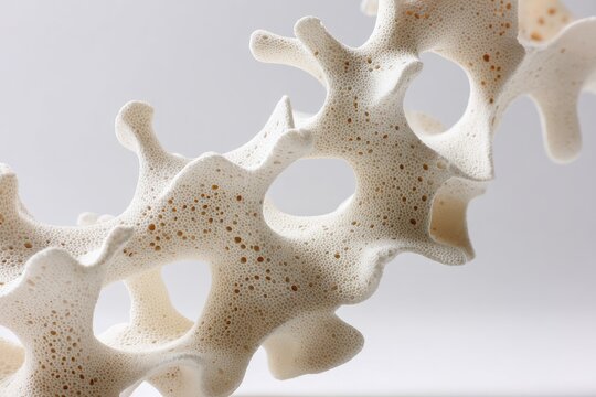 Close-up of a white, intricate, porous, branching structure against a plain, neutral background