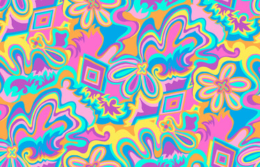 Psychedelic groovy floral seamless pattern. Vibrant and colorful 70s retro abstract background. Energetic liquid illustration for bold fashion fabric or trippy wallpaper design.