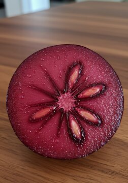 Striking Cross-Section of Deep Crimson Tropical Fruit Showing Star Pattern and Seeds