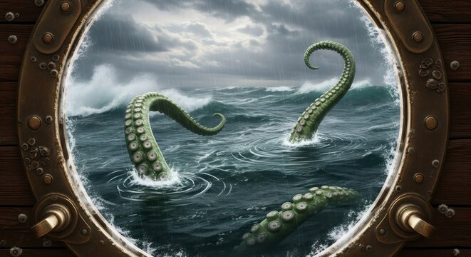 Fototapeta Giant green monster tentacles rising from stormy ocean seen through ship porthole. Fantasy sea creature on angry sea poster design.