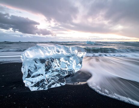 Clear ice chunk on black sand beach with ocean waves and sunset sky