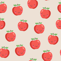 Cute apple seamless pattern with smiling kawaii faces. Sweet red fruit background for kids. Playful and healthy food illustration for nursery fabric, kitchen wallpaper, or school design.