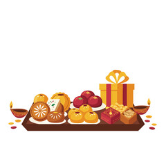 Vibrant assortment of traditional Indian sweets and a beautifully wrapped gift box, complemented by glowing oil lamps and scattered flower petals, evoking the joyous spirit of cultural celebrations