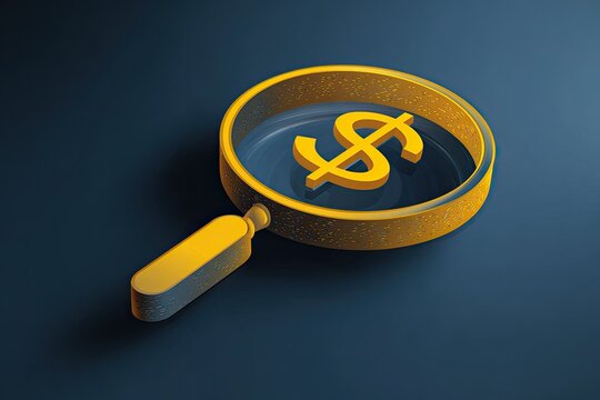 A magnifying glass with a dollar sign inside. Dark blue background with golden accents