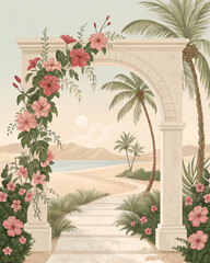 Cream-colored arch bordered with blooming hibiscus