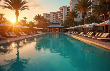 Fototapeta premium Luxury hotel pool with gazebo and lounge chairs beside palm trees. Tropical resort oasis at sunset. Serene waters reflect warm sunbeams and resort architecture. Peaceful vacation ambiance.