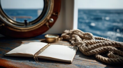 Nautical Notebook on Wooden Ship Table