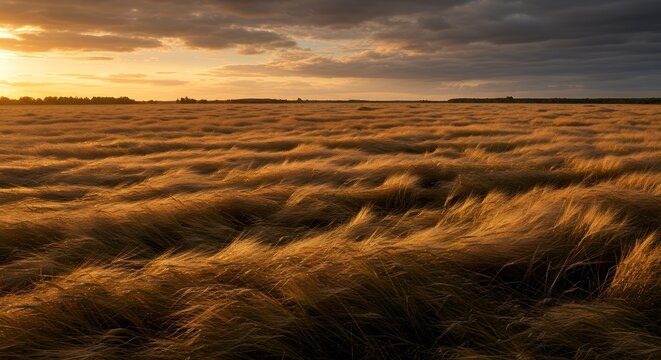 Golden Hour Serenity: Wide Field of Feather Grass Waving Under a Dramatic Sunset Sky