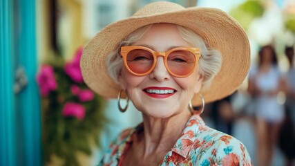 senior old Caucasian woman wearing summer hat and sunglasses smiling at town street - Powered by Adobe