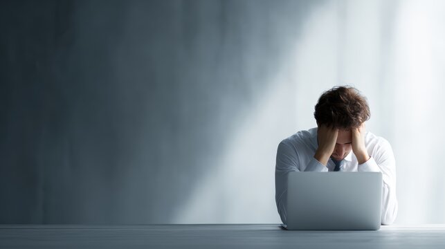 Depressed young businessman sitting at a desk with a laptop, holding his head in his hands after making a mistake at work. Stress and workplace pressure concept