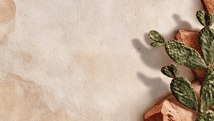 Textured beige background with a cactus and sandstone-like rocks, casting shadows