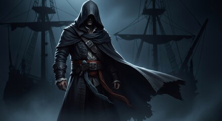 Man pirate in hooded cloak on ship deck. Sea adventure tale with mysterious figure. Concept for historical fiction or fantasy game art.
