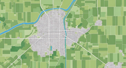 Fototapeta premium Aerial view of a modern city with surrounding agricultural fields and a winding river