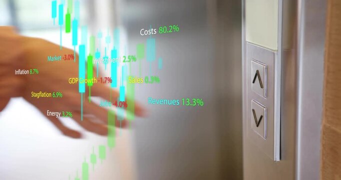 Business professional hand hovering over elevator button in hallway monitoring AR financial metrics