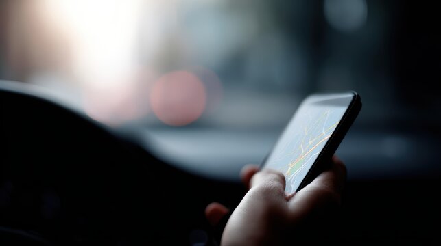 Close-up of hand holding smartphone with navigation app open, blurred car interior. Mobile GPS and travel illustration