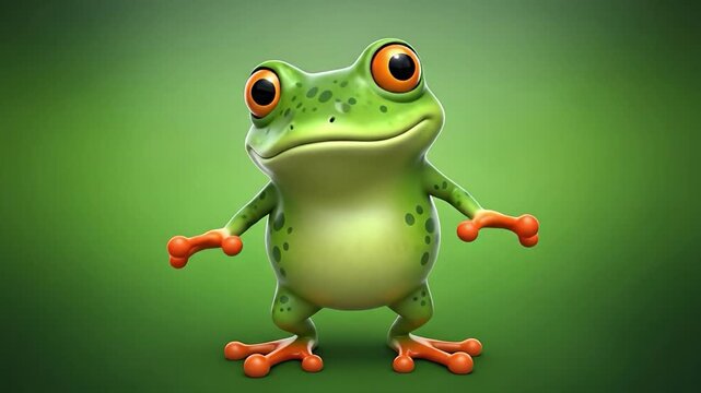 Grumpy cartoon frog with orange toes on green background