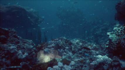 In a serene underwater landscape, colorful coral structures thrive as fish swim gracefully among them. Sunlight dances through the water, creating a peaceful ambiance.