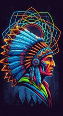Electric Native American Chief: Modern Neon Art & Indigenous Dreamcatcher Design