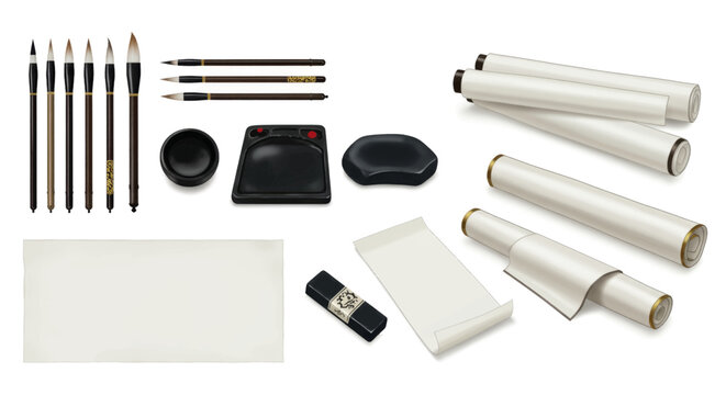 Traditional Japanese calligraphy supplies including ink stones, brushes, scrolls, and paper for art creation