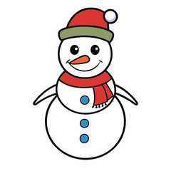 Vector art of cheerful snowman with a red hat and scarf, a cute winter holiday character with a carrot nose and button details