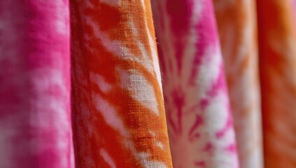 Close-up shot of colorful, tie-dyed fabric hanging, with vibrant pinks, oranges, and white patterns