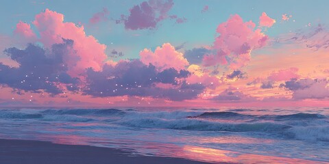 Painted beach scene with pink and purple clouds reflecting on the wet sand and water waves