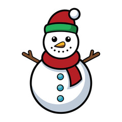 Vector art of delightful snowman with a red and green hat and scarf, a festive winter character with a carrot nose and button details