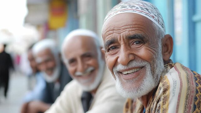 group of  Islamic men sitting at outdoor peaceful town smiling to camera