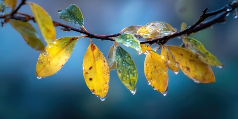 A close-up of a twig with yellow and green leaves glistening with water droplets