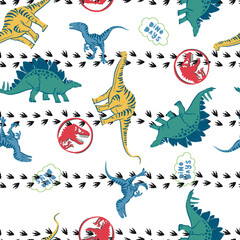 Colorful dinosaur seamless pattern for kids. Playful hand-drawn dino characters with footprints on a white background. Fun prehistoric animal illustration for boys' fabric or wallpaper. © Creativezone