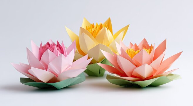 Three colorful paper lotus flowers arranged against a white background - Powered by Adobe