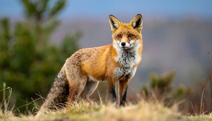 Obraz premium A striking, close-up shot of a wild red fox standing alertly on a grassy hillside, bathed in natural light with a blurred background