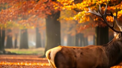 Majestic stag with impressive antlers stands in a sun-dappled autumnal forest - Powered by Adobe