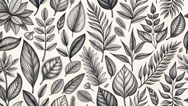 A detailed black and white illustration of various leaves and branches in a repeating pattern, evoking a vintage botanical print aesthetic