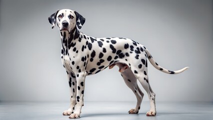 A fullbody studio portrait of a dalmatian dog with its distinctive black spots on a white coat