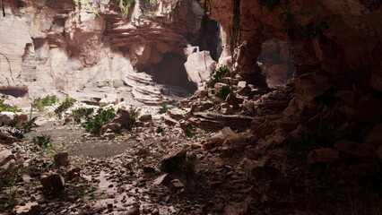 A hidden canyon reveals rocky paths and scattered greenery, with sunlight streaming through crevices. The peaceful scene invites exploration and adventure in natures beauty.