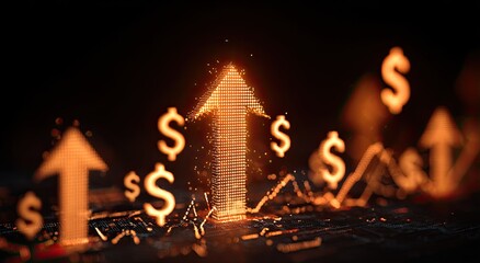 Glowing digital image of ascending arrows, dollar signs on a black background, economy