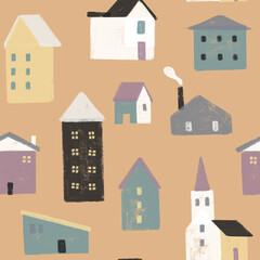 Cute colorful houses seamless pattern. Hand-drawn whimsical village background with a painterly texture. Playful kids architectural illustration for fabric, wallpaper, or nursery decor.