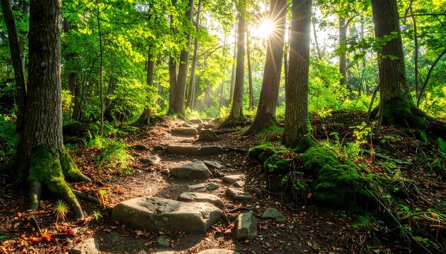 A sunlit forest path, with steps winding through the woods. Vibrant green leaves filter the bright light. Moss covers the tree trunks and stones